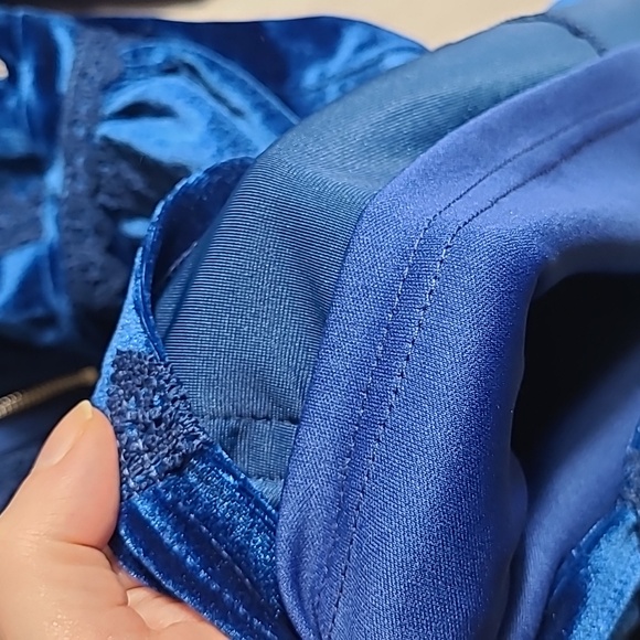 FuTario Boho Blue Velvet Zipper Front Embroidered Lace Trimmed Mini Dress Large - Picture 6 of 9